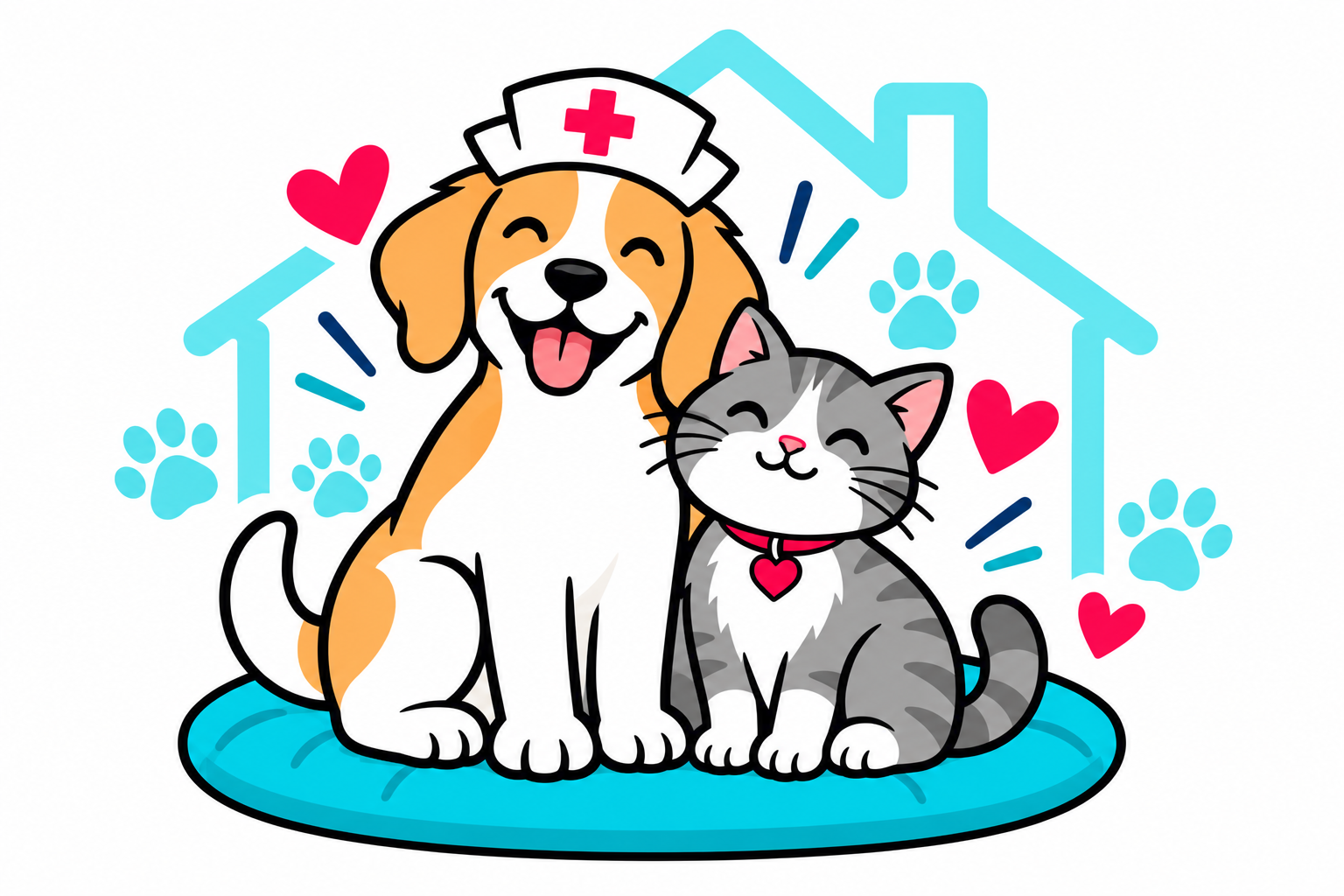 Happy dog in a veterinary nurse cap and a gray cat